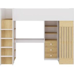 Unique Cama alta madera color natural claro, blanco