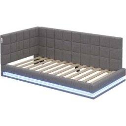MODFU Cuna infantil de lino gris 90x200 cm con luz led y toma usb