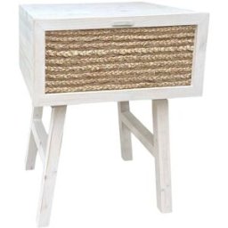 NATYAL Mesita de noche de madera en blanco envejecido con cajón de yute 45cm