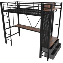 ComfortXL Cama alta 90x200 con escritorio USB C 4 cajones en acero negro