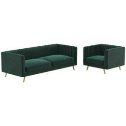 Maison Pavane Conjunto de sofá y sillón de terciopelo verde de 3 plazas