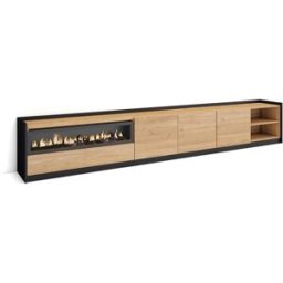 Skraut home Mueble tv efecto madera roble negro 310x37x50cm chimenea efecto fuego