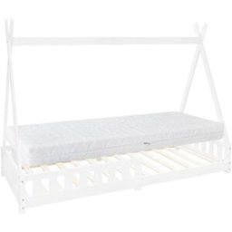 ML-Design Cama infantil tipi 90x200cm blanco con colchón y tejado de tienda