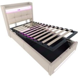 MODFU Cama infantil con almacenamiento y LED de lino 90x200 cm, beige