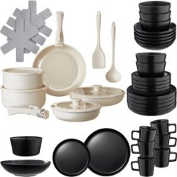 Tectake Set básico de cocina para 6 personas, 46 piezas, negro/blanco