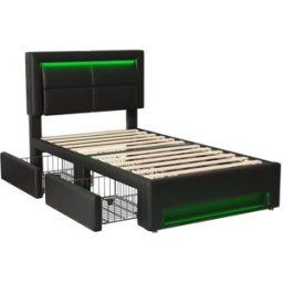 MODFU Cama infantil de pu negro 90 x 200 cm con 4 cajones