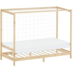 ML-Design Cama infantil 90x200 cm + colchón 10 cm portería fútbol madera natural