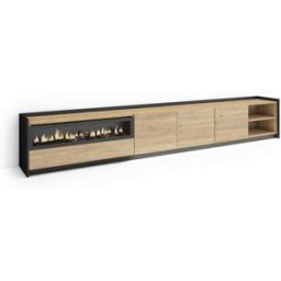 Skraut home Mueble tv efecto madera roble negro 310x37x50cm chimenea efecto fuego