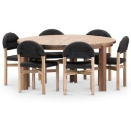 Defora Home Set de mesa redonda 150cm y 6 sillas de madera y ratán negro