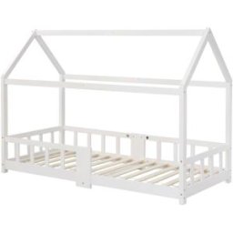 OKWISH Cama infantil blanca de madera maciza estilo casa 90x200 cm