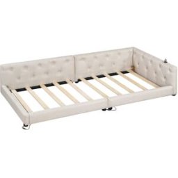 MODFU Cama infantil de lino beige de 90x200 cm con led y usb + tipo-c