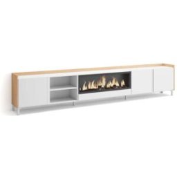 Skraut home Mueble tv efecto madera blanco roble 315x35x61cm chimenea efecto fuego