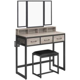 VASAGLE Tocador con espejo plegable de 3 piezas y 3 cajones de color greige