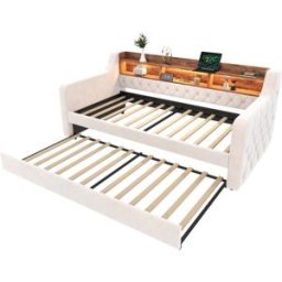MODFU Cama infantil de terciopelo beige 90x190 cm con diseño extraíble y LED