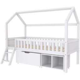 MODFU Cama infantil de madera blanca 90x200 cm con cajones