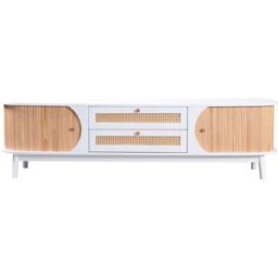 MODFU Mueble tv con cajones de ratán y puertas 170 cm, blanco y madera