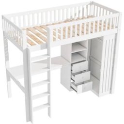 ComfortXL Cama alta infantil 90x200 cm con escritorio y armario, Blanca