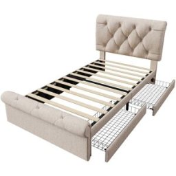 MODFU Cama infantil de lino beige de 90x200 cm con 2 cajones