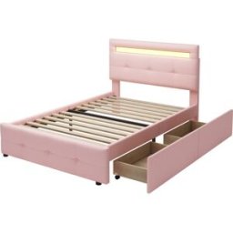 MODFU Cama infantil tapizada en rosa 90x200 cm con 2 cajones