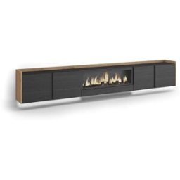 Skraut home Mueble tv efecto madera negro roble 315x35x50cm chimenea efecto fuego