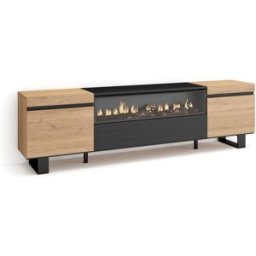 Skraut home Mueble tv efecto madera roble y negro 200x35x57 chimenea efecto fuego