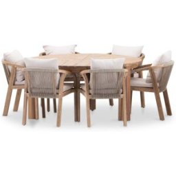 Defora Home Set de mesa redonda 150cm y 6 sillas de madera y cuerda