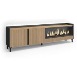 Skraut home Mueble tv efecto madera roble y negro 212x35x61 chimenea efecto fuego