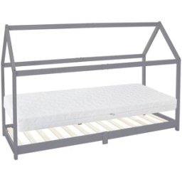 ML-Design Cama infantil 90 x 200 x 16 cm gris claro con colchón y tejado de casa