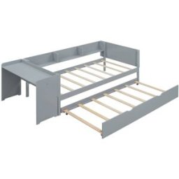 MODFU Cama infantil de madera gris 90 x 200 cm con escritorio