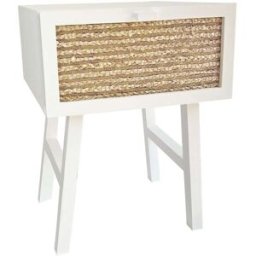 NATYAL Mesita de noche de madera maciza blanca y cajón de yute natural 45cm