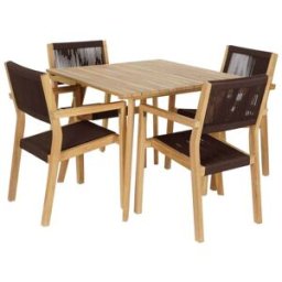 NIYLO Conjunto de mesa y sillas de jardín de teca y cuerda marrón 4 plazas