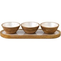 Aulica Set de aperitivos de 3 cuencos blancos sobre bandeja blanca de madera