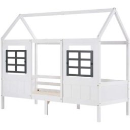 MODFU Cama infantil de madera blanca 90x200 cm con somier