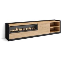 Skraut home Mueble tv efecto madera roble negro 208x37x50cm chimenea efecto fuego