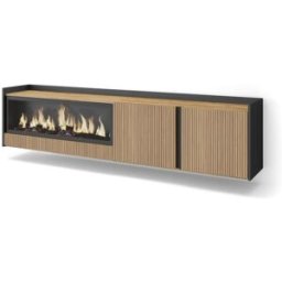 Skraut home Mueble tv efecto madera roble y negro 212x35x50 chimenea efecto fuego