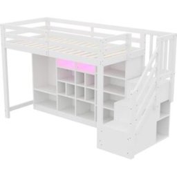 ComfortXL Cama alta infantil 90x200 cm con LED, armario y almacenaje blanca