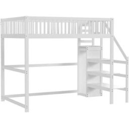 ComfortXL Cama alta infantil 140 x 200 cm con escalera armario blanca