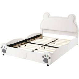 MODFU Cama infantil terciopelo blanco 140x200 cm con cabecero oso