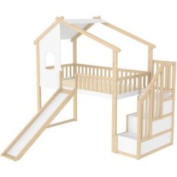 ComfortXL Cama alta infantil de pino con tobogán 90x200 cm natural y blanca