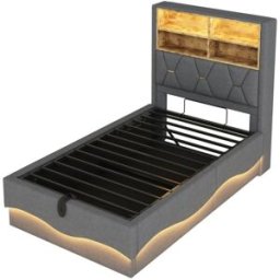 MODFU Cama infantil con almacenaje led usb metal 90x200 cm, gris