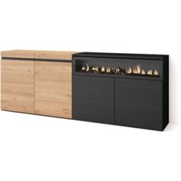 Skraut home Aparador efecto madera roble y negro 200x35x75cm chimenea efecto fuego