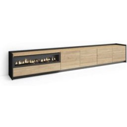 Skraut home Mueble tv efecto madera roble negro 310x37x50cm chimenea efecto fuego