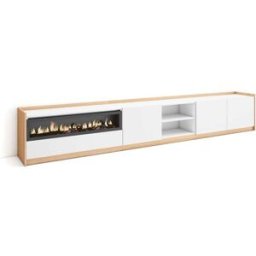 Skraut home Mueble tv efecto madera blanco roble 310x37x50cm chimenea efecto fuego