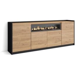 Skraut home Aparador efecto madera roble y negro 210x37x80cm chimenea efecto fuego