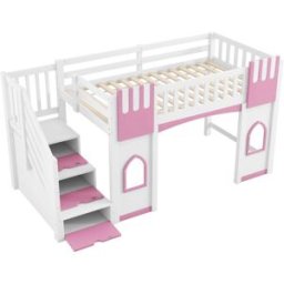 ComfortXL Cama alta infantil 90x200 cm con escalera rosa y blanca