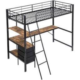 ComfortXL Cama alta de hierro con mesa cajones negra nogal oscuro 90x200 cm