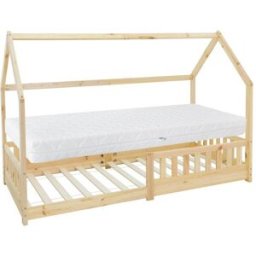 ML-Design Cama infantil tipi 90x200cm pino natural con colchón y tejado de casa