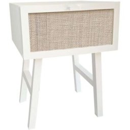 NATYAL Mesita de noche de madera maciza blanca y cajón de rafia natural 45cm
