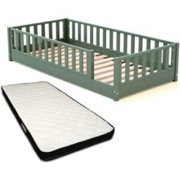 Jurababy Cama infantil a ras de suelo de madera con colchón - 90x190 - verde