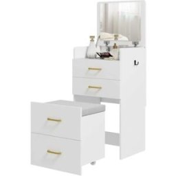 OKWISH Tocador blanco de madera 3 en 1 con espejo 48x40x90 cm